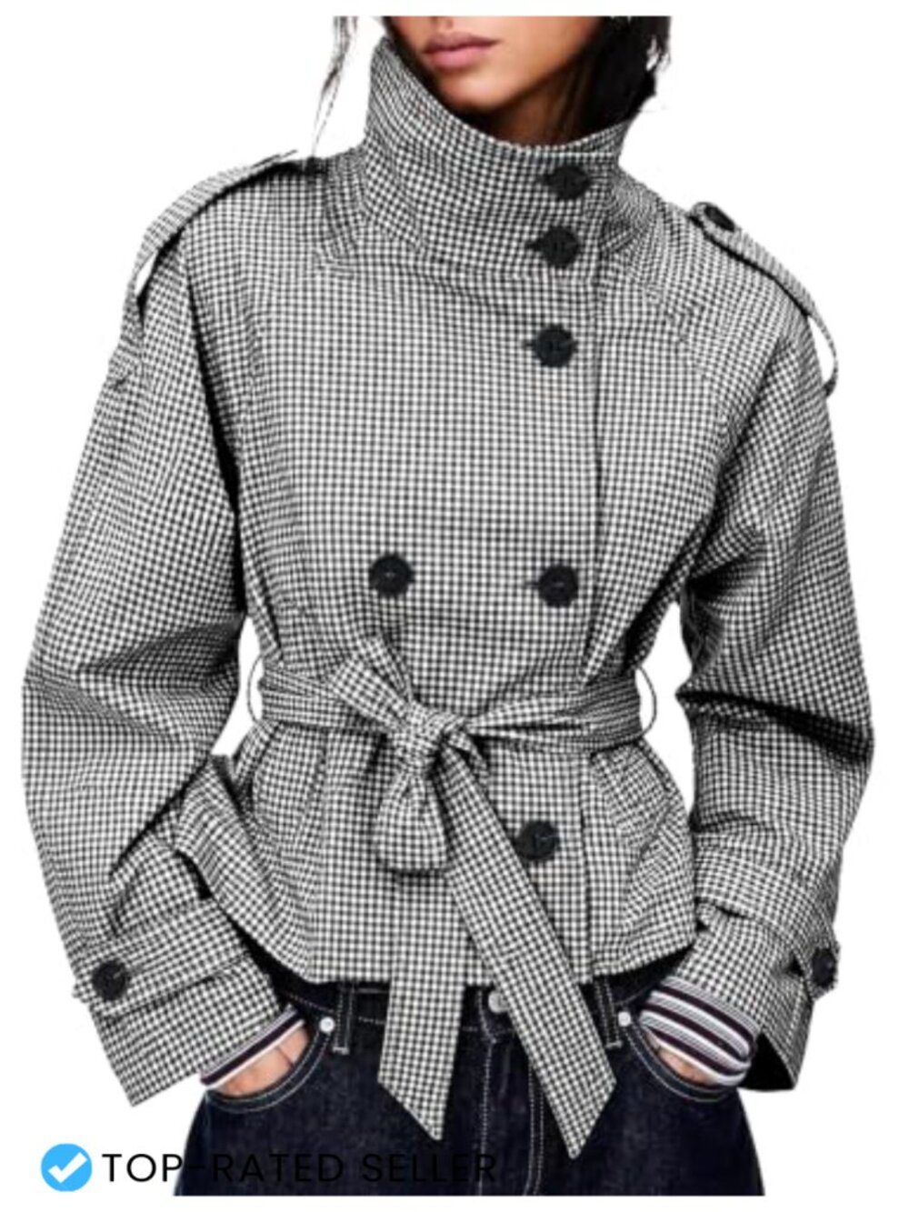 Women's Gingham Trench Coat Double Breasted Short Jacket